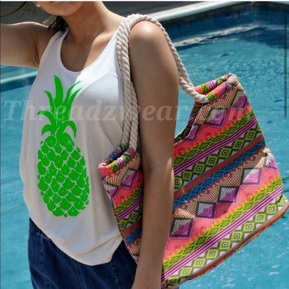 ❌SOLD in Bundle❌Aztec Southwestern Canvas Rope Handle Tote Beach Bag Summer NEW - Picture 4 of 7